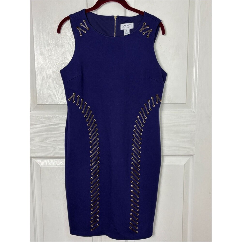 NEW Carmen Marc Valvo Aspen Purple Sleeveless Sheath Dress Gold Eyelet Size 6
